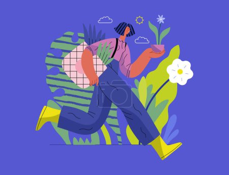 Téléchargez les illustrations : Verdure, écologie concept vectoriel plat moderne illustration d'une femme qui court avec un sac écologique et une fleur dans le pot. Métaphore de durabilité et de protection de l'environnement, proximité avec la nature - en licence libre de droit