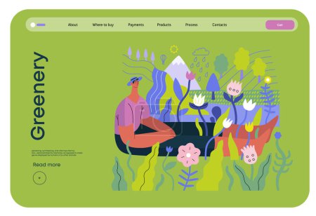 Illustration for Greenery, ecology -modern flat vector concept illustration of a man sitting in the landscape with river and waterfall. Metaphor of environmental sustainability and protection, closeness to nature - Royalty Free Image