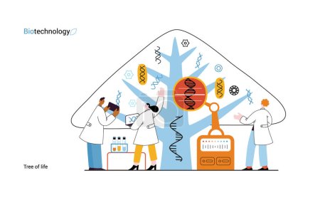Bio Technology, Tree of life - modern flat vector concept illustration of scientists observing the tree, whose leaves represent various types of DNA. Metaphor of genetic research and diversity of life