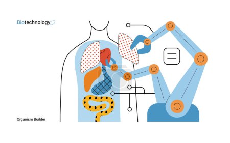 Téléchargez les illustrations : Bio Technology, Organism Builder illustration de concept vectoriel plat moderne de robot assemblant l'organisme à l'aide de blocs, des pièces représentant les systèmes d'organes. Métaphore de la médecine régénérative et de l'impression 3D - en licence libre de droit