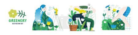 Ilustración de Verde, ecología moderna concepto de vector plano ilustración de personas y plantas. Metáfora de la sostenibilidad y protección del medio ambiente, cercanía a la naturaleza, la vida verde, el ecosistema y la biosfera - Imagen libre de derechos