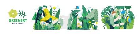 Illustration for Greenery, ecology -modern flat vector concept illustration of people and plants. Metaphor of environmental sustainability and protection, closeness to nature, green life, ecosystem and biosphere - Royalty Free Image