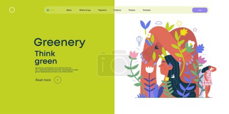 Illustration for Greenery, ecology -modern flat vector concept illustration of a mural of a woman, surrounded by plants. Metaphor of environmental sustainability and protection, closeness to nature - Royalty Free Image