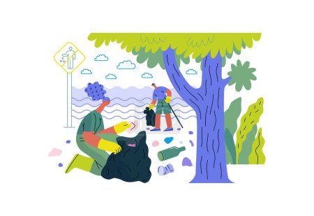 Illustration for Mutual Support: Cleaning up trash, Garbage collection -modern flat vector concept illustration of people collecting trash on the beach A metaphor of voluntary, collaborative exchanges of resource - Royalty Free Image