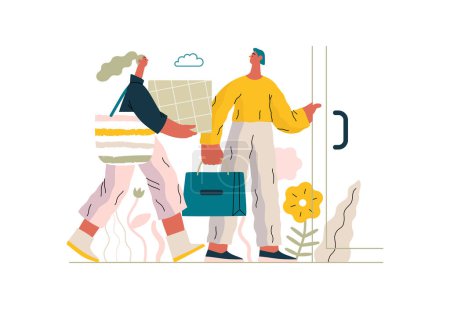 Illustration for Mutual Support: Door Holding - modern flat vector concept illustration of woman carrying heavy box and man holding door for her. A metaphor of voluntary, collaborative exchanges of resource, services - Royalty Free Image