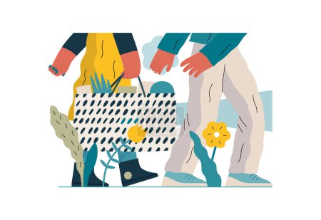Illustration for Mutual Support: Picking Up the Dropped Item -modern flat vector concept illustration of a woman carrying shopping bag being assisted by man. Metaphor of voluntary, collaborative exchanges of services - Royalty Free Image
