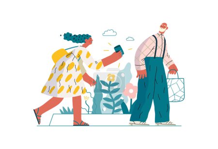 Illustration for Mutual Support: Picking Up the Dropped Item -modern flat vector concept illustration of a woman who picked up a wallet lost by an elderly man Metaphor of voluntary, collaborative exchanges of services - Royalty Free Image