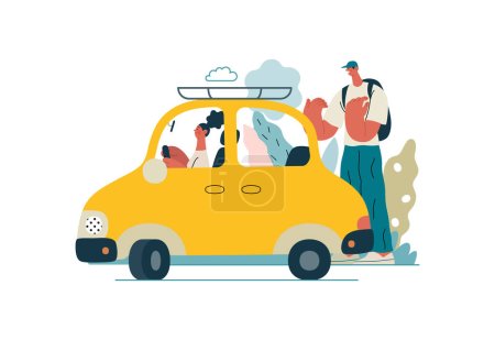 Illustration for Mutual Support: Assistance in parking the car -modern flat vector concept illustration of man assisting woman with parallel parking A metaphor of voluntary collaborative exchanges of resource, service - Royalty Free Image