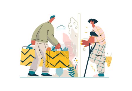 Illustration for Mutual Support Buying groceries for ill neighbor -modern flat vector concept illustration of man carrying shopping bags for woman on crutches Metaphor of voluntary, collaborative exchanges of services - Royalty Free Image