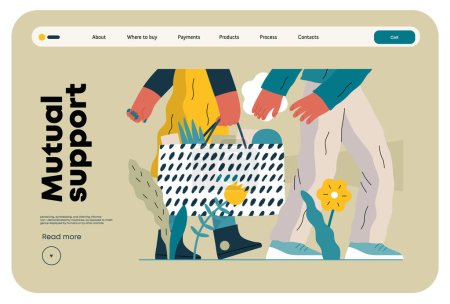 Illustration for Mutual Support: Helping carry a heavy bag -modern flat vector concept illustration of a woman carrying shopping bag being assisted by man. Metaphor of voluntary, collaborative exchanges of services - Royalty Free Image