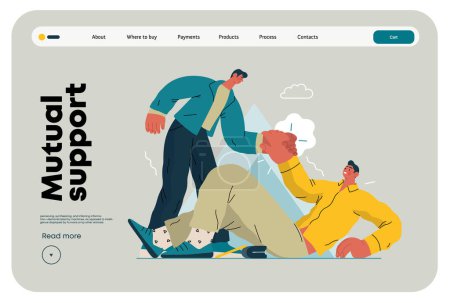 Illustration for Mutual Support: Helping a fallen person get up -modern flat vector concept illustration of man assisting another man to stand up A metaphor of voluntary, collaborative exchanges of resource, services - Royalty Free Image