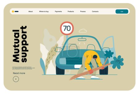 Illustration for Mutual Support: Clearing an obstacle from the way -modern flat vector concept illustration of a man removing a fallen branch from the road A metaphor of voluntary, collaborative exchanges of services - Royalty Free Image