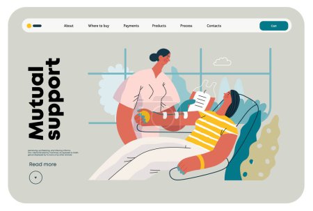 Illustration for Mutual Support: Blood donation -modern flat vector concept illustration of a nurse and woman donating blood A metaphor of voluntary, collaborative exchanges of resource, services - Royalty Free Image
