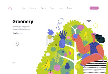 Illustration for Greenery, ecology -modern flat vector concept illustration of a woman gathering fruit from the 40 fruit tree. Metaphor of environmental sustainability and protection, closeness to nature - Royalty Free Image