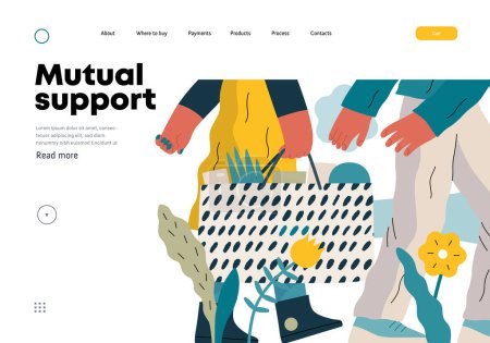 Illustration for Mutual Support: Helping carry a heavy bag -modern flat vector concept illustration of a woman carrying shopping bag being assisted by man. Metaphor of voluntary, collaborative exchanges of services - Royalty Free Image