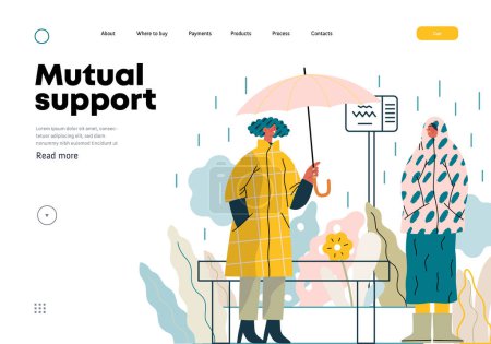 Illustration for Mutual Support: Offer an umbrella to a stranger -modern flat vector concept illustration of a at a bus stop in the rain offering an umbrella A metaphor of voluntary, collaborative exchanges - Royalty Free Image