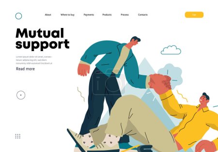 Illustration for Mutual Support: Helping a fallen person get up -modern flat vector concept illustration of man assisting another man to stand up A metaphor of voluntary, collaborative exchanges of resource, services - Royalty Free Image