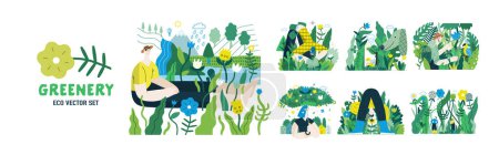 Ilustración de Verde, ecología moderna concepto de vector plano ilustración de personas y plantas. Metáfora de la sostenibilidad y protección del medio ambiente, cercanía a la naturaleza, la vida verde, el ecosistema y la biosfera - Imagen libre de derechos
