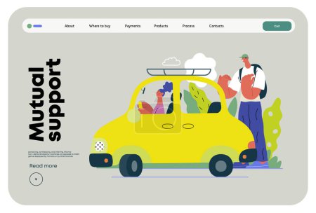 Illustration for Mutual Support: Assistance in parking the car -modern flat vector concept illustration of man assisting woman with parallel parking A metaphor of voluntary collaborative exchanges of resource, service - Royalty Free Image