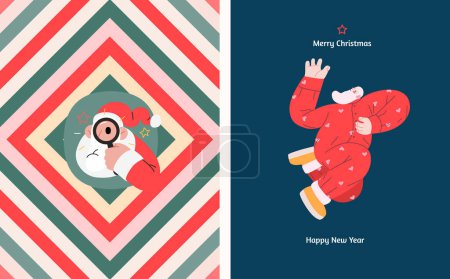 Ilustración de Postales de Navidad con Santa Claus - ilustraciones modernas concepto de vector plano de los símbolos de Navidad y Año Nuevo, conjunto de postales verticales - Imagen libre de derechos