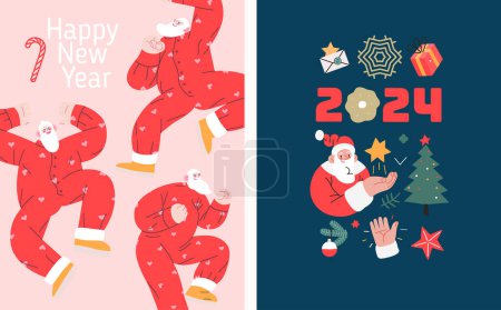 Téléchargez les illustrations : Cartes postales de Noël avec le Père Noël - illustrations modernes vectorielles plates des symboles de Noël et du Nouvel An, set de cartes postales verticales - en licence libre de droit