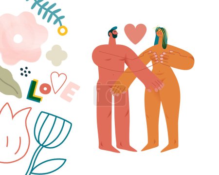Ilustración de Valentine: Abrace of Love - moderno concepto de vector plano ilustración de un abrazo amoroso entre socios, acentuado con iconos de amor juguetones y florales. Metáfora de afecto compartido, amor, conexión - Imagen libre de derechos
