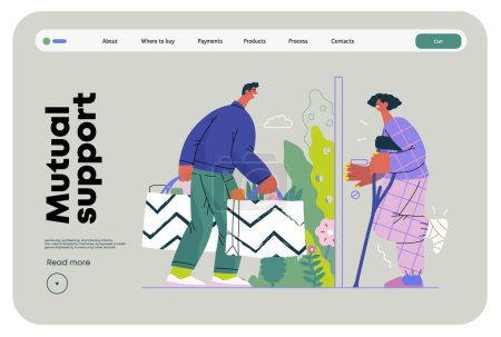 Illustration for Mutual Support Buying groceries for ill neighbor -modern flat vector concept illustration of man carrying shopping bags for woman on crutches Metaphor of voluntary, collaborative exchanges of services - Royalty Free Image
