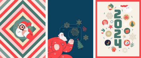 Ilustración de Postales de Navidad con Santa Claus - ilustraciones modernas concepto de vector plano de los símbolos de Navidad y Año Nuevo, conjunto de postales verticales - Imagen libre de derechos