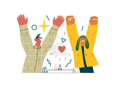 Valentine: Joyful Success - modern flat vector concept illustration of a happy couple celebrating winning at chess with raised arms. Metaphor of love, shared achievement, affection, connection