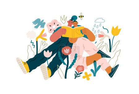 Valentine: Literary Love - modern flat vector concept illustration of a couple enjoying a book together in a serene natural setting. Metaphor for shared interests and intellectual harmony