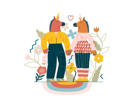 Valentine : Playful Connection - illustration vectorielle plate moderne d'un couple en costumes de licorne tenant la main. Métaphore de l'amour, côté fantaisiste et imaginatif de la romance