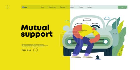 Illustration for Mutual Support: Adopting a stray animal -modern flat vector concept illustration of man stopping his car for a kitten on the road A metaphor of voluntary, collaborative exchanges of resource, services - Royalty Free Image