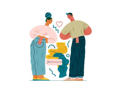 Illustration for Valentine: Perfect Fit - modern flat vector concept illustration of a couple trying on jeans in a fitting room. Metaphor for finding the right match in love as in life - Royalty Free Image