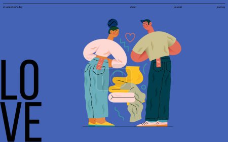 Illustration for Valentine: Perfect Fit - modern flat vector concept illustration of a couple trying on jeans in a fitting room. Metaphor for finding the right match in love as in life - Royalty Free Image