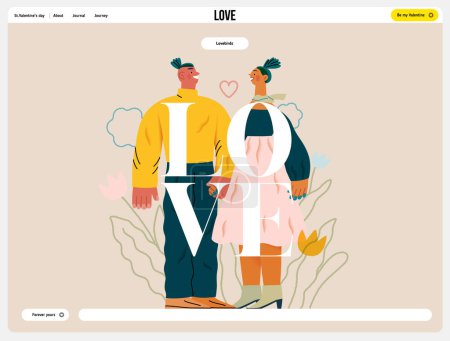 Illustration for Valentine: Tender Moments -modern flat vector concept illustration of a couple in loving gaze, looking to each other holding hands. Metaphor of blossoming love, unity, affection, connection, growth - Royalty Free Image