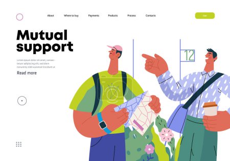Illustration for Mutual Support: Directing a passerby -modern flat vector concept illustration of man pointing the way to a tourist. A metaphor of voluntary, collaborative exchanges of resource, services - Royalty Free Image