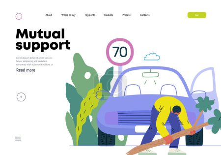 Illustration for Mutual Support: Clearing an obstacle from the way -modern flat vector concept illustration of a man removing a fallen branch from the road A metaphor of voluntary, collaborative exchanges of services - Royalty Free Image