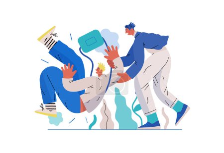 Illustration for Mutual Support, Assisting Falling Person- modern flat vector concept illustration of man slipping, another supports him, preventing fall. Metaphor of voluntary, collaborative exchange of service - Royalty Free Image