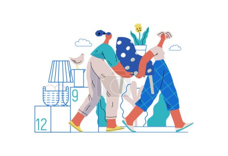 Illustration for Mutual Support: Assistance with Moving -modern flat vector concept illustration of women collaboratively moving household items A metaphor of voluntary, collaborative exchanges of resource, services - Royalty Free Image