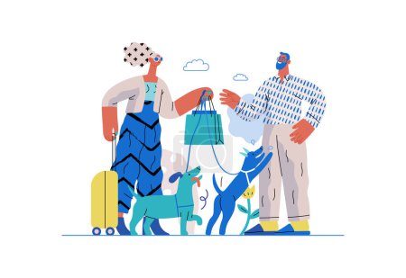 Illustration for Mutual Support: Pet-sitting -modern flat vector concept illustration of a woman going on vacation leaving her dogs with neighbor. A metaphor of voluntary, collaborative exchanges of resource, services - Royalty Free Image