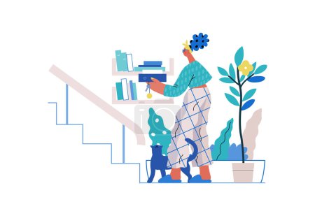 Illustration for Mutual Support: Book Swap -modern flat vector concept illustration of a woman leaving books on a shelf in hallway for neighbors A metaphor of voluntary, collaborative exchanges of resource, services - Royalty Free Image