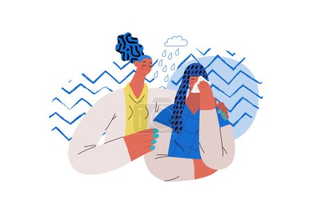 Illustration for Mutual Support: Emotional aid and support -modern flat vector concept illustration of a woman comforting her friend in her sorrow A metaphor of voluntary, collaborative exchanges of resource, services - Royalty Free Image