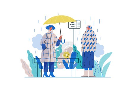 Illustration for Mutual Support: Offer an umbrella to a stranger -modern flat vector concept illustration of a at a bus stop in the rain offering an umbrella A metaphor of voluntary, collaborative exchanges - Royalty Free Image
