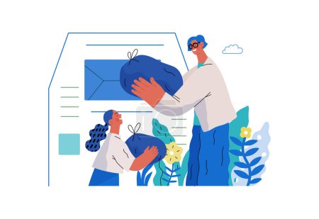 Illustration for Mutual Support Giving clothes to donation bins -modern flat vector concept illustration of people placing bags of clothes into drop-off box A metaphor of voluntary, collaborative exchanges of resource - Royalty Free Image