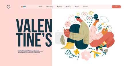 Illustration for Valentine: Digital Whispers - modern flat vector concept illustration of a couple seated close, messaging each other. Metaphor for the intimacy of modern digital communication - Royalty Free Image