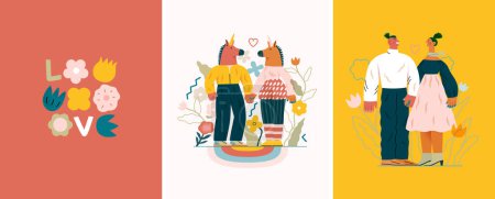 Téléchargez les illustrations : Set de cartes Saint-Valentin - illustrations modernes de concepts vectoriels plats de couples célébrant leur amour, design de cartes de vœux, environnement floral. Métaphore d'unité, d'affection, d'amour, de connexion, de croissance - en licence libre de droit