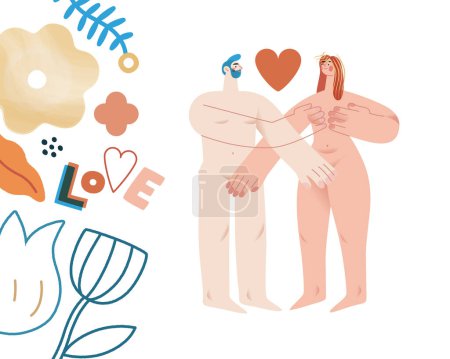 Illustration for Valentine: Embrace of Love - modern flat vector concept illustration of a loving embrace between partners, accented with playful love icons and florals. Metaphor of shared affection, love, connection - Royalty Free Image