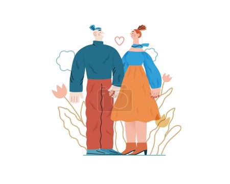 Valentine: Tender Moments -modern flat vector concept illustration of a couple in loving gaze, looking to each other holding hands. Metaphor of blossoming love, unity, affection, connection, growth