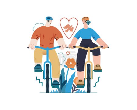Illustration for Valentine: Tandem Journey - modern flat vector concept illustration of a couple riding the bicycles together. Metaphor for the synchronized journey of a relationship - Royalty Free Image