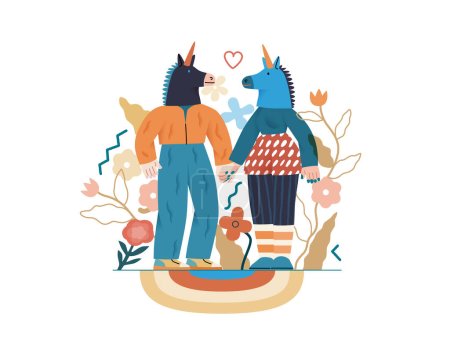 Illustration for Valentine: Playful Connection - modern flat vector concept illustration of a couple in unicorn costumes holding hands. Metaphor of love, whimsical and imaginative side of romance - Royalty Free Image